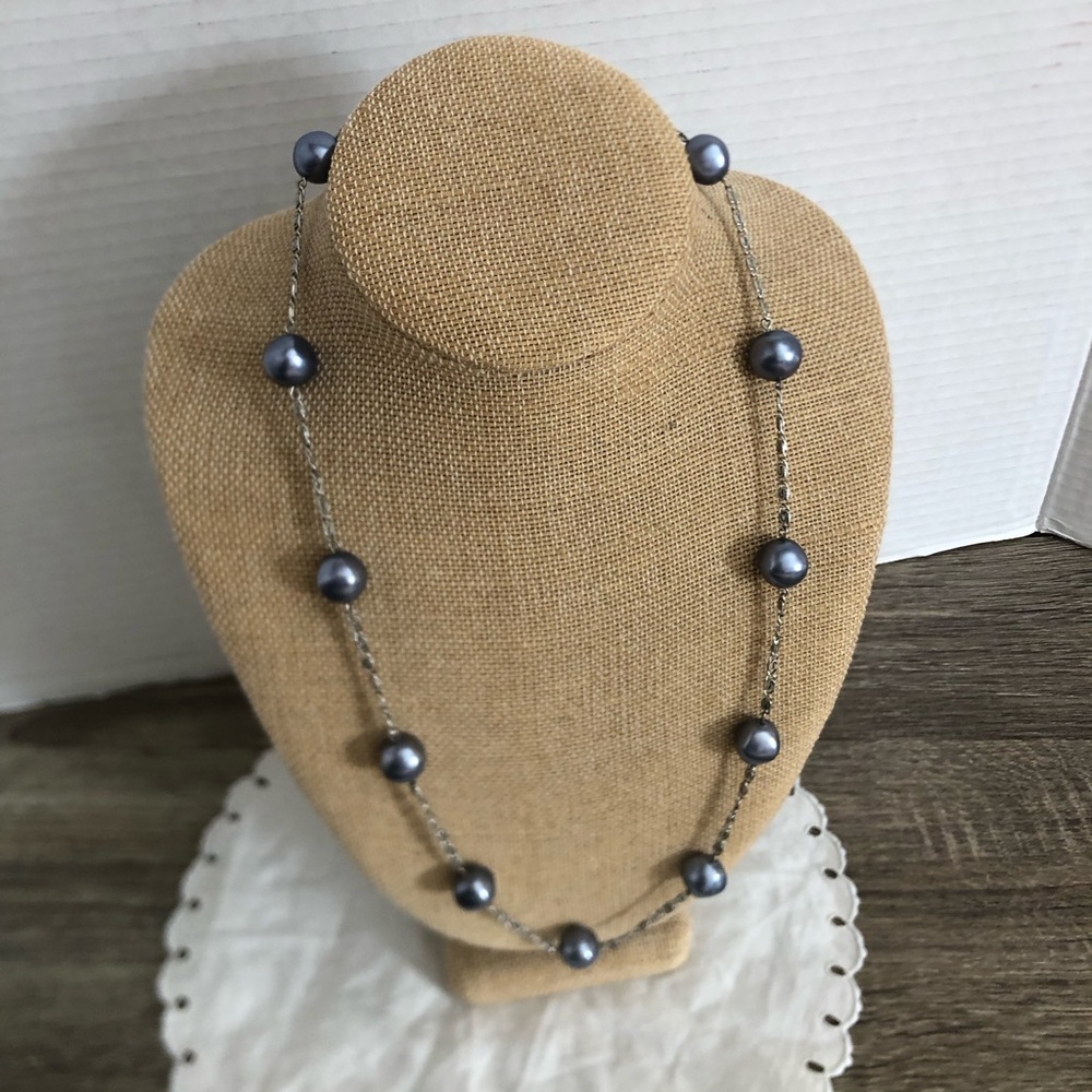 Vtg West Germany Paperclip Chain Necklace with Blue Faux Pearl Accents